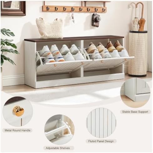 41”Wide Shoe Storage Bench with 2 Flip Drawer, White Narrow Shoe Cabinet