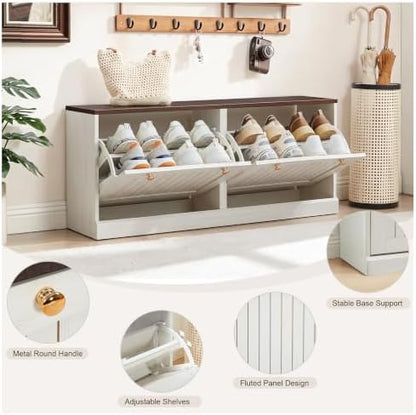 41”Wide Shoe Storage Bench with 2 Flip Drawer, White Narrow Shoe Cabinet