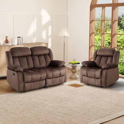 INZOY Manual Reclining Sofa Set, Included Manual Single Recliner Chair and Wall-Hugger 2 Seat Recliner Loveseat, Modern Double Reclining Sofa Couch for Living Room Furniture, Brown, 1+2