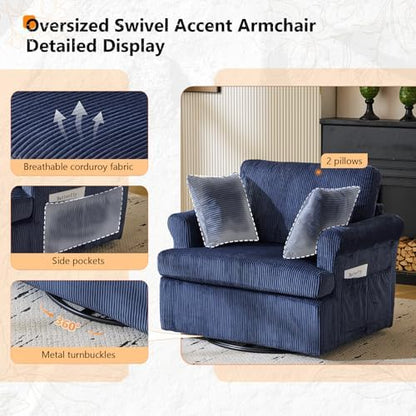 VINGL 39.2" Wide 360° Swivel Accent Armchairs with Pillows Set of 2, Oversized Single Sofas, Chair and a Half with Side Pockets and Wide armrest for Living Room, Bedroom, Reading Room, Corduroy Blue