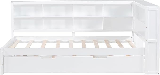 Bellemave Twin Corner Bed Frame with Trundle, Wood Twin Daybed with L-Shaped Bookcase，Daybed with Storage Cabinets, White