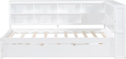 Bellemave Twin Corner Bed Frame with Trundle, Wood Twin Daybed with L-Shaped Bookcase，Daybed with Storage Cabinets, White
