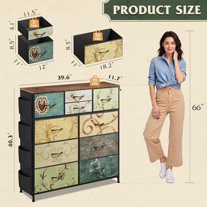 WLIVE 10 Drawer Fabric Dresser for Bedroom, Side Pocket Chest, Floral