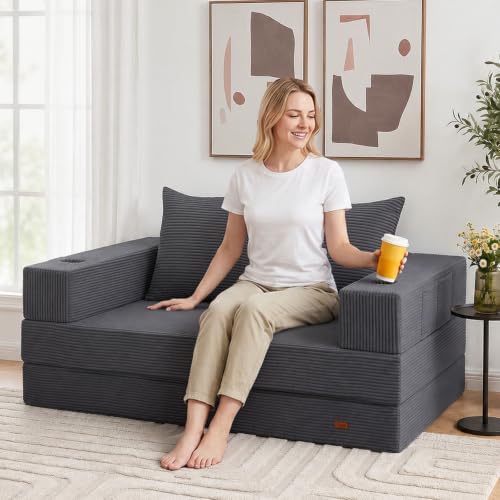 COMAX Boneless Futon Sofa Bed, 59" Small Low-Profile Floor Couch, Grey