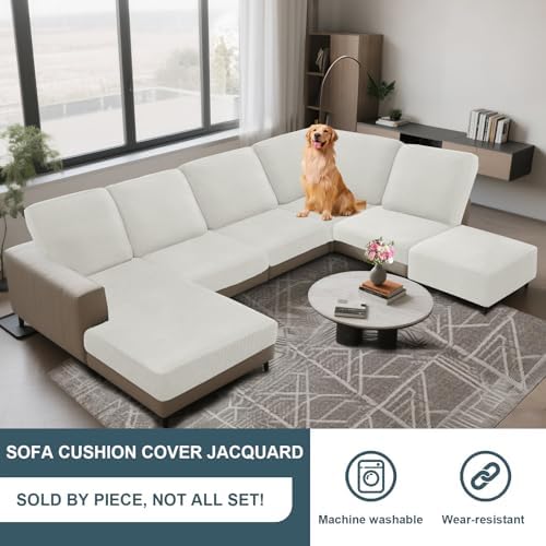 UNBBRRL Seat Cushion Cover and Back Covers for Corner Sofa Stretch Jacquard, Non Slip L Shaped Sofa Slipcover with Storage Ottoman, Sectional Couch Cover for Chaise Lounge (Ivory,24 x 56 x 6”)