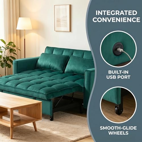 4 in 1 Convertible Sofa Bed, Pull Out Couch with Adjustable Backrest, Loveseat Sleeper Sofa Bed with USB Ports and Side Table, Couch Beds for Living Room, Bedroom, Apartment, Green