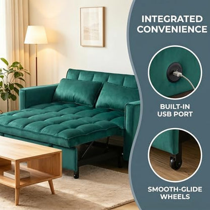 4 in 1 Convertible Sofa Bed, Pull Out Couch with Adjustable Backrest, Loveseat Sleeper Sofa Bed with USB Ports and Side Table, Couch Beds for Living Room, Bedroom, Apartment, Green