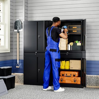 Yizosh Metal Garage Storage Cabinet with Locking Doors and Adjustable Shelves, 71" Tool Storage Cabinet with 1 Drawer for Garage,Warehouse (Black)