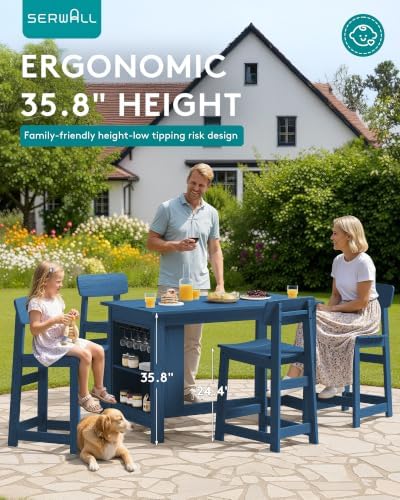 SERWALL 5-Piece Outdoor HDPE Counter-Height Bar Set with 4 Stools, Blue