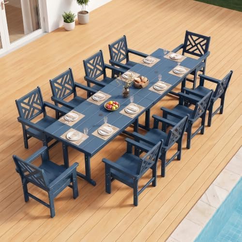 12 Piece HDPE Outdoor Dining Set for 10, Patio HDPE Furniture Set with 2 Table and Umbrella Hole, Outdoor Table and Chairs for Garden, Poolside, Backyard, Deck