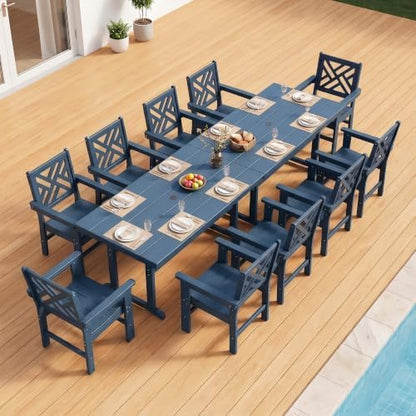 12 Piece HDPE Outdoor Dining Set for 10, Patio HDPE Furniture Set with 2 Table and Umbrella Hole, Outdoor Table and Chairs for Garden, Poolside, Backyard, Deck