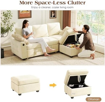 Ihanherry Modular Convertible Sectional Sofa Bed, Reversible Chaise & Storage Ottoman, 3-Seater Pull Out Sleeper with USB Ports & Chenille Fabric, for Small Space, Living Room, Apartment（Beige）