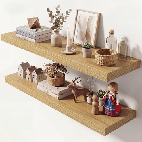 Dreamland 40 Inches Floating Shelves for Wall, 9.3" Deep Long Floating Shelves Set of 2, Large Display & Storage Shelf, Wall Shelf for Bathroom Bedroom Living Room Kitchen Office, Oak