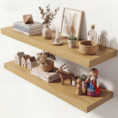 Dreamland 40 Inches Floating Shelves for Wall, 9.3" Deep Long Floating Shelves Set of 2, Large Display & Storage Shelf, Wall Shelf for Bathroom Bedroom Living Room Kitchen Office, Oak