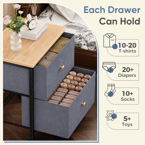 DUMOS Nightstand, Bedside Table for Bedroom, 2 Drawers Fabric Storage Chest