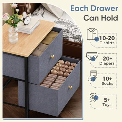 DUMOS Nightstand, Bedside Table for Bedroom, 2 Drawers Fabric Storage Chest
