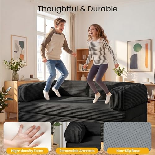 Convertible Sofa Bed, Tri-Folding Mattress Queen Futon Couch Bed, Boneless Sleeper Couch Bed with Removable Armrests & Washable Cover for Guest Room, Living Room, Queen, Black