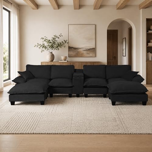 143.3" Oversized Sectional Couches with Cup Holder & USB Port, 4 Seat U-Shape Boneless Couch with 2 Ottomans & Pillows, Chenille Modern Cloud Black Sofa for Living Room, Apartment