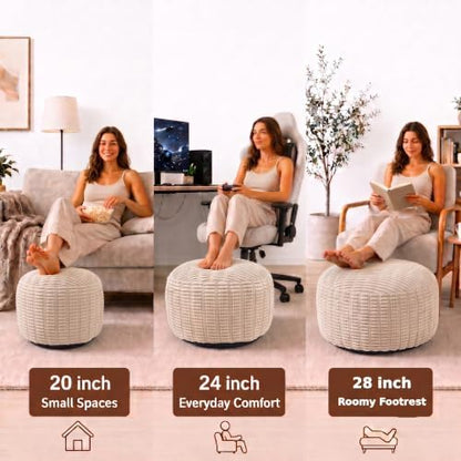 Round Pouf Ottoman, Light Gray, 20"x13", Corduroy Foot Rest