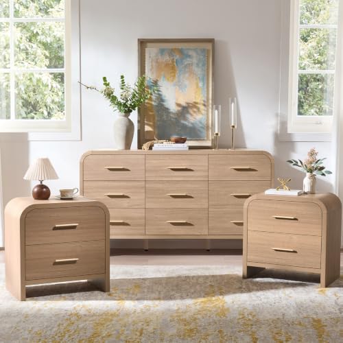 3-Piece Bedroom Set, Curved 9-Drawer Dresser&2-Drawer Nightstands