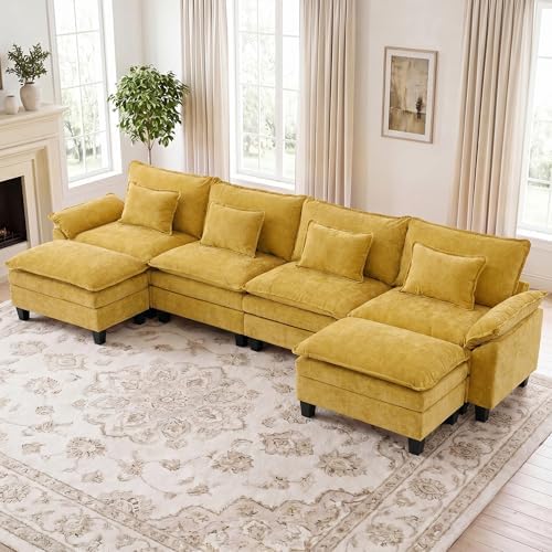 IPKIG 154" Sectional Sofa Cloud Couch, Chenille U-Shaped Couch Comfy Upholstered 4-Seat Sofa with 2 Ottoman, 4 Lumbar Pillow, Deep Seat Modular Sofa for Living Room, Apartment, Studio, Yellow