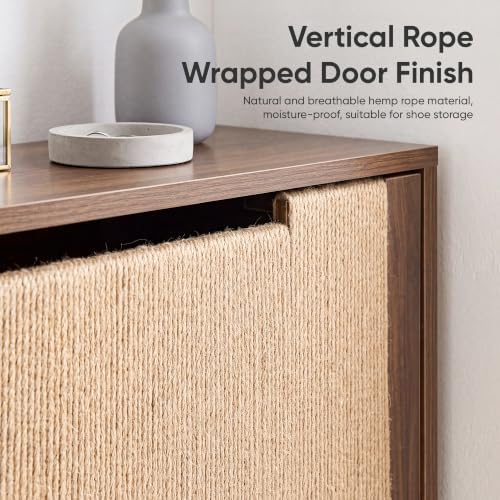Shoe Cabinet with 2 Flip Drawers, Rope Wrapped Doors, Walnut