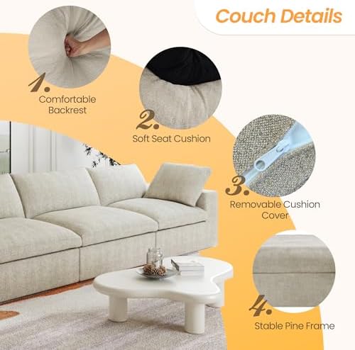 JACH Modular Sectional Cloud Couches for Living Room, Comfy Love Seat Sofas, Thick Cushion, Covers Removable, Modular Sofa, Cloud Couch for Living Room Bedroom Apartment (Khaki)