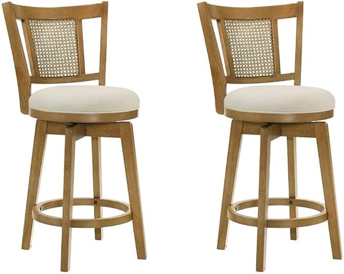 Armen Living Isla 26 in. Amber Glow Counter Height Rubberwood Swivel Barstool with Ivory Fabric Seat - Set of 2