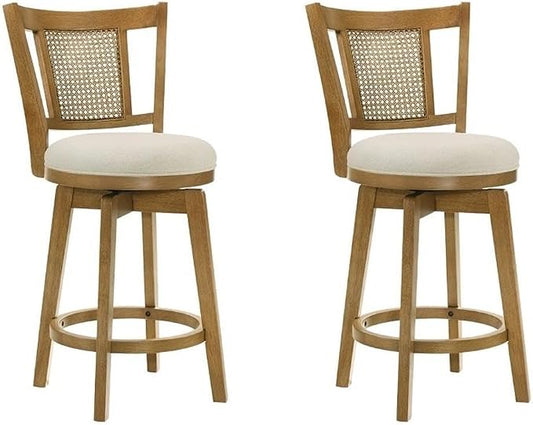 Armen Living Isla 26 in. Amber Glow Counter Height Rubberwood Swivel Barstool with Ivory Fabric Seat - Set of 2