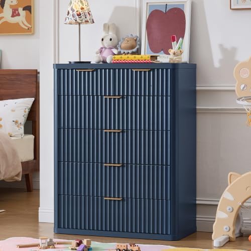 LEYAOYAO Fluted 6 Drawers Dresser for Bedroom, 42" Tall Modern Chest of Drawers with Metal Handle,Curved Profile Design,Navy Blue Wood Drawer Organizer for Bedroom, Living Room, Hallway, Entryway