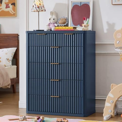 LEYAOYAO Fluted 6 Drawers Dresser for Bedroom, 42" Tall Modern Chest of Drawers with Metal Handle,Curved Profile Design,Navy Blue Wood Drawer Organizer for Bedroom, Living Room, Hallway, Entryway