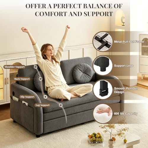 52.4" Full Size Sleeper Sofa Bed, 3-in-1 Pull Out Chenille Couch