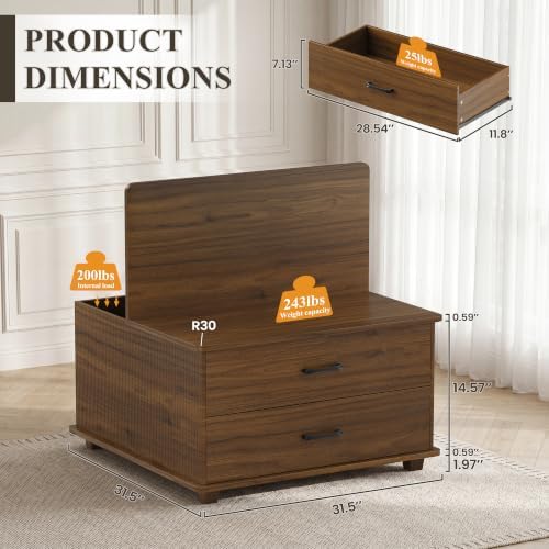 MALOL Storage Coffee Table with 2 Drawers & Flip-Top Lid with Hidden Storage, Modern Fluted Wood Coffee Table, Solid Wood Legs, Square Center Table for Living Room, Walnut
