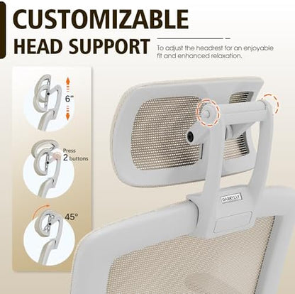 GABRYLLY Ergonomic Office Chair, High Back Home Desk Chair with Headrest, Flip-Up Arms, 90-120° Tilt Lock and Wide Cushion, 300LBS Mesh Chairs for Man Woman, White Task Chair(Beige,GY01WBG)