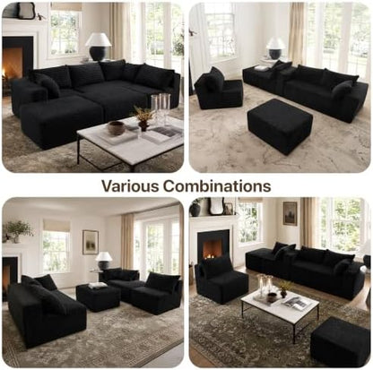Claiks 120" Boneless Couch, U-Shape Corduroy Sectional Sofa, Black