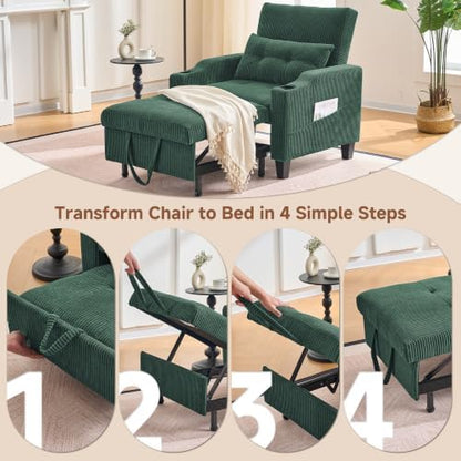 3 in 1 Convertible Sleeper Chair, Corduroy Single Sleeper Sofa Bed, Pull Out Sofa Bed Chair with Adjustable Backrest & Side Pockets for Living Room, Green