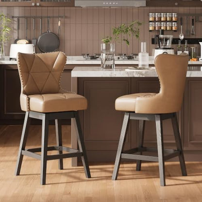 MALOL Swivel Counter Height Bar Stools Set of 4, Tall Faux Leather Barstools, Modern Bar Chairs with Solid Back and Wood Legs for Kitchen Island，Brown