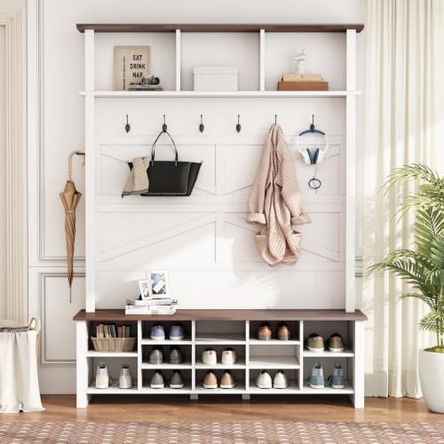 Merax Farmhouse Wood Hall Tree with 6 Hooks and Entryway Shoe Bench, White