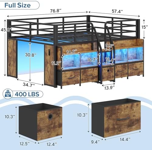 Full Low Loft Bed, 5 Drawers & 6 Bookcases, LED and Charging Station, Brown