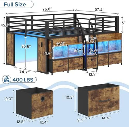 Full Low Loft Bed, 5 Drawers & 6 Bookcases, LED and Charging Station, Brown