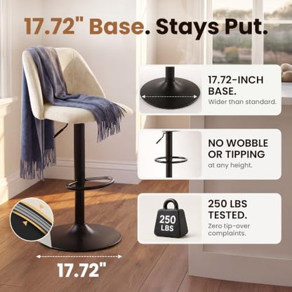 COLAMY Adjustable Upholstered Bar Stools Set of 6,360° Swivel Counter Height Chairs with Soft Cushioned Seat & Stable Metal Base for Kitchen Island,250 LBS Capacity,Easy Assembly,Beige