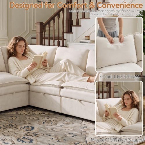 Modular Sectional Storage Sofa, 105" Cloud Deep Seat V-Shaped Couch, Beige
