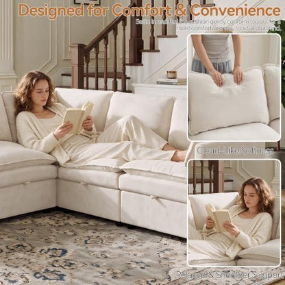 Modular Sectional Storage Sofa, 105" Cloud Deep Seat V-Shaped Couch, Beige