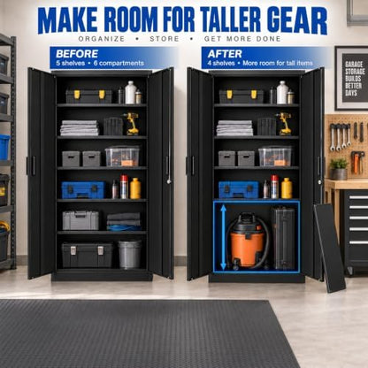 BYNSOE 72" Metal Garage Storage Cabinet with Locking Doors, 5 Adjustable Shelves and Leveling Feet, Steel Cabinet for Garage, Workshop and Home Office, Black