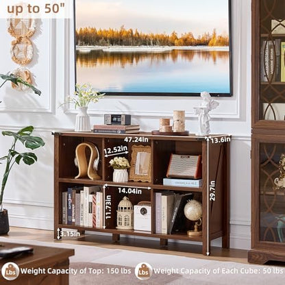 Joaxswe Farmhouse 6 Cube Book Shelf, Wood 3 Tier Storage Organizer Bookshelf, Brown Walnut 47" Horizontal Cubby Bookcase with Legs, Rustic Entryway Book Case, Long Display Cabinet for Bedroom, Office