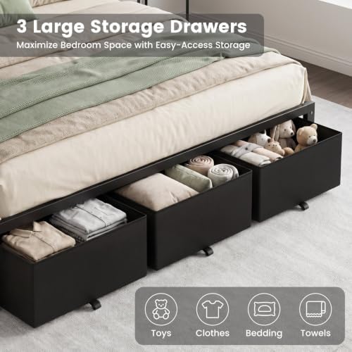 King Size Bed Frame with Upholstered Headboard and 3 Storage Drawers