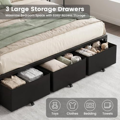 King Size Bed Frame with Upholstered Headboard and 3 Storage Drawers