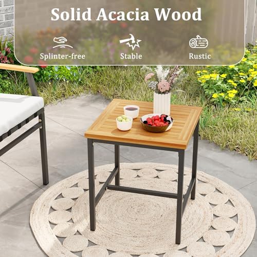 Tangkula 3 Pieces Acacia Wood Bistro Set, Patio Conversation Set with Cushions and Coffee Table, Outdoor Bistro Table and Chairs Set for Porch, Balcony, Garden and Backyard (Off White)