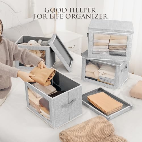 Stackable Storage Bins with Lids - Large Decorative Basket with Lids, Fabric Foldable Closet Organizer Bins, Shelf Organizer for Living Room, Dorm, 5 Pack, Blended
