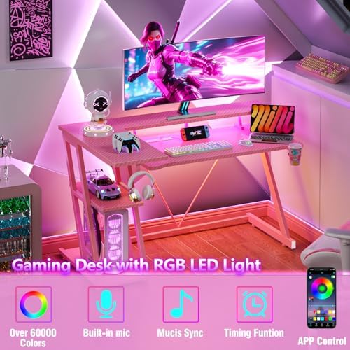 Korfile 47 Inch Gaming Desk with Power Outlet, LED, Carbon Fiber Pink